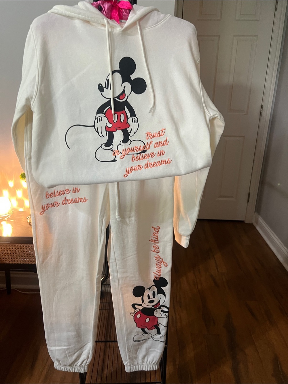 Cream Mickey Mouse Hoodie & Jogger Pajama Set - Believe in Your Dreams